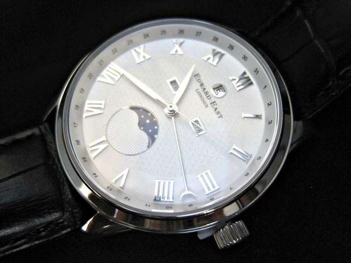 RRP: £490.00 Edward East Moon Phase Mens Black Leather Strap Watch