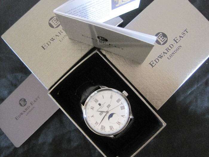 RRP: £490.00 Edward East Moon Phase Mens Black Leather Strap Watch