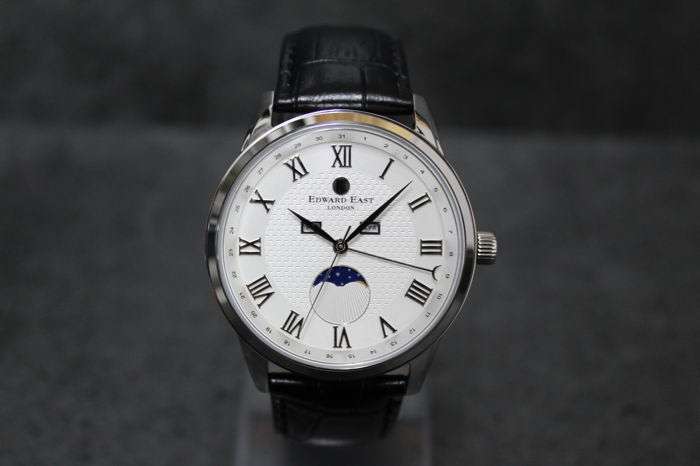 RRP: £490.00 Edward East Moon Phase Mens Black Leather Strap Watch