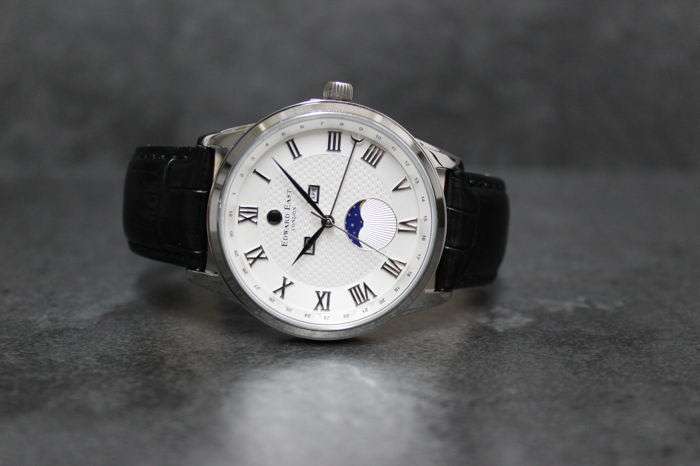 RRP: £490.00 Edward East Moon Phase Mens Black Leather Strap Watch