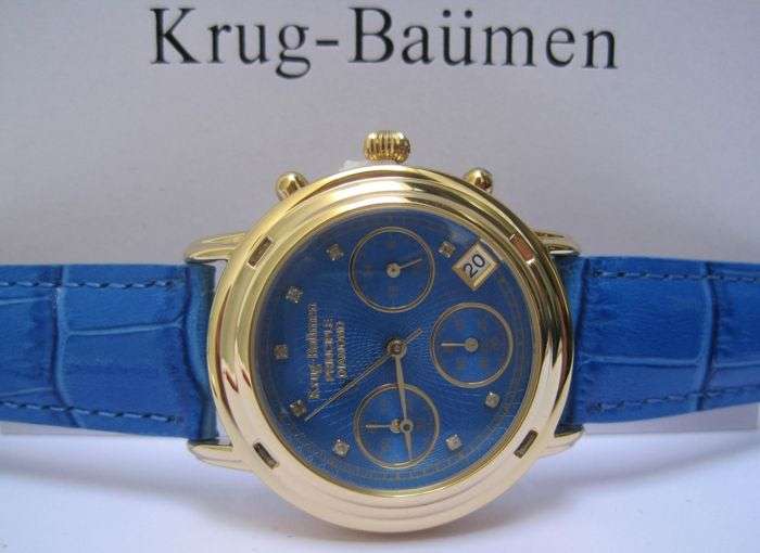 RETAIL: R15,727.47 Krug Baumen MEN Principle CHRONO Gold 8X REAL Diamond Blue Leather Watch