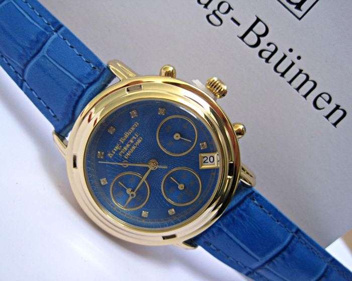 RETAIL: R15,727.47 Krug Baumen MEN Principle CHRONO Gold 8X REAL Diamond Blue Leather Watch