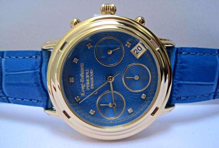 RETAIL: R15,727.47 Krug Baumen MEN Principle CHRONO Gold 8X REAL Diamond Blue Leather Watch