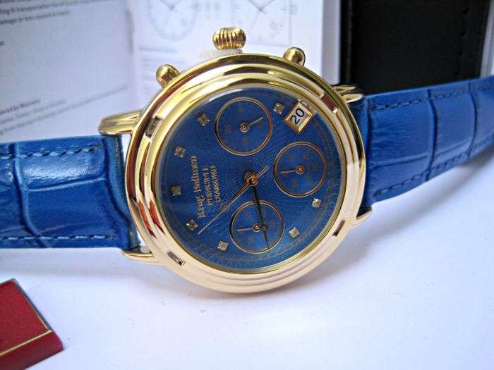 RETAIL: R15,727.47 Krug Baumen MEN Principle CHRONO Gold 8X REAL Diamond Blue Leather Watch