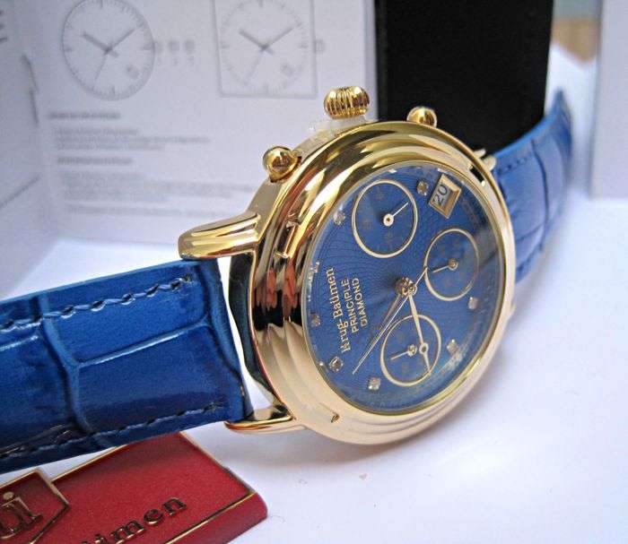 RETAIL: R15,727.47 Krug Baumen MEN Principle CHRONO Gold 8X REAL Diamond Blue Leather Watch