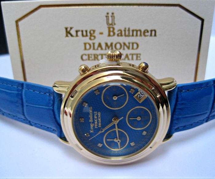 RETAIL: R15,727.47 Krug Baumen MEN Principle CHRONO Gold 8X REAL Diamond Blue Leather Watch