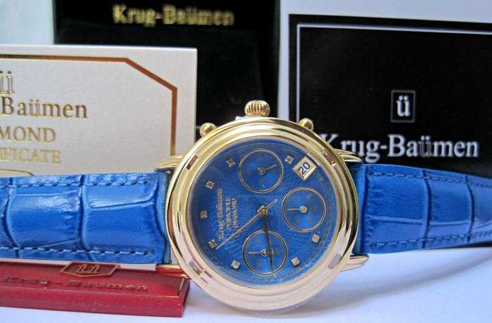 RETAIL: R15,727.47 Krug Baumen MEN Principle CHRONO Gold 8X REAL Diamond Blue Leather Watch