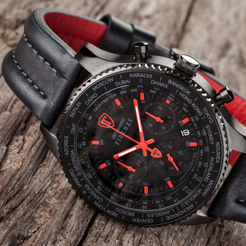 DETOMASO FIRENZE XXL Mens Wrist Watch 48mm Casing Black Red Chronograph New