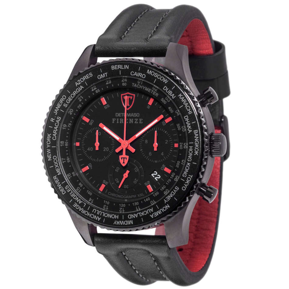 DETOMASO FIRENZE XXL Mens Wrist Watch 48mm Casing Black Red Chronograph New