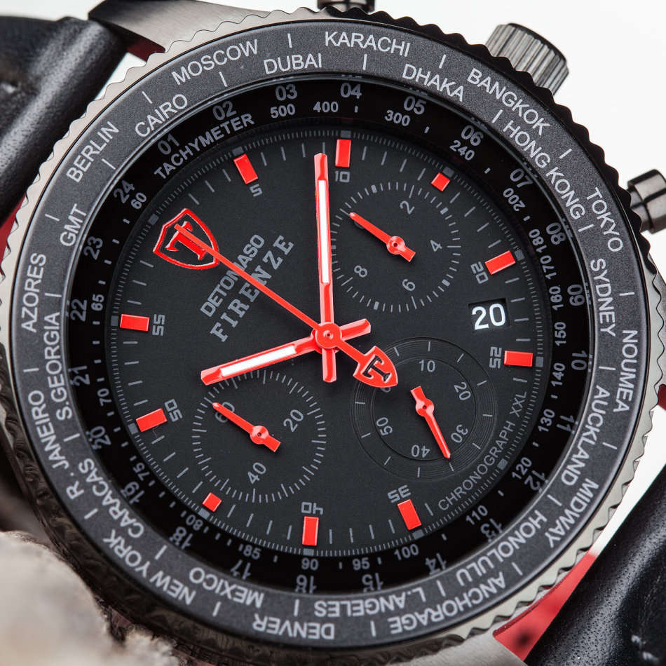 DETOMASO FIRENZE XXL Mens Wrist Watch 48mm Casing Black Red Chronograph New