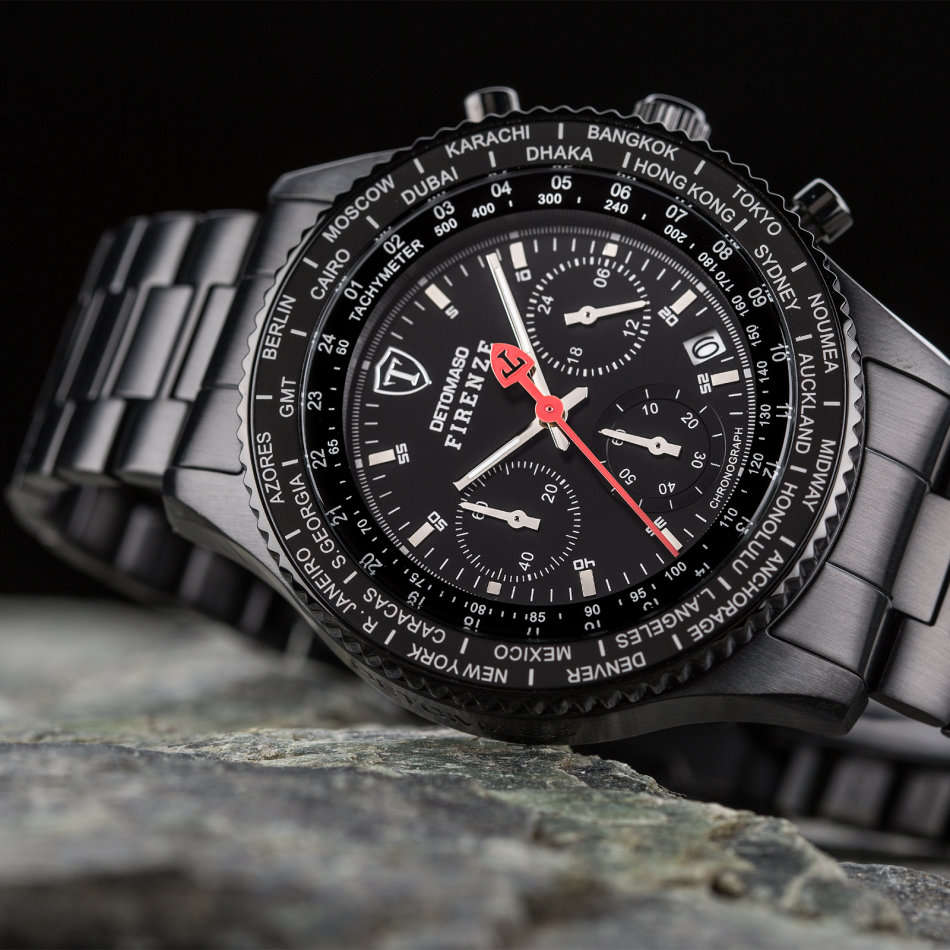 DETOMASO Firenze Mens Wrist Watch Chronograph Stainless Steel Black Sport New