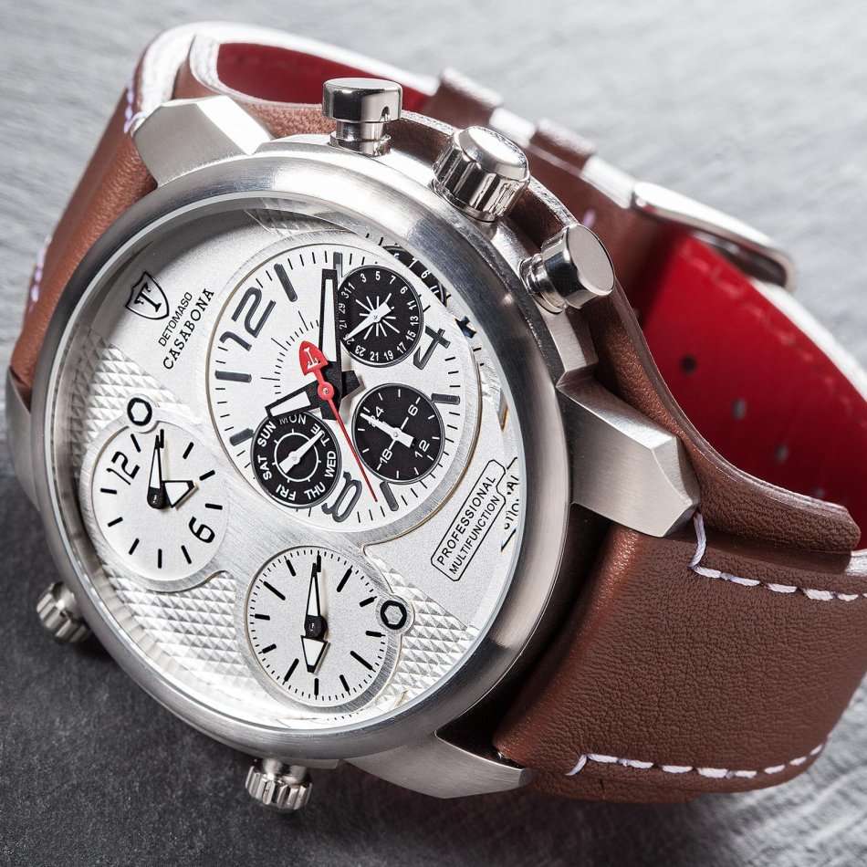 3 Time Zone* DETOMASO Casabona Mens Watch XXL Multifunction Stainless Steel Brown Leather Watch New