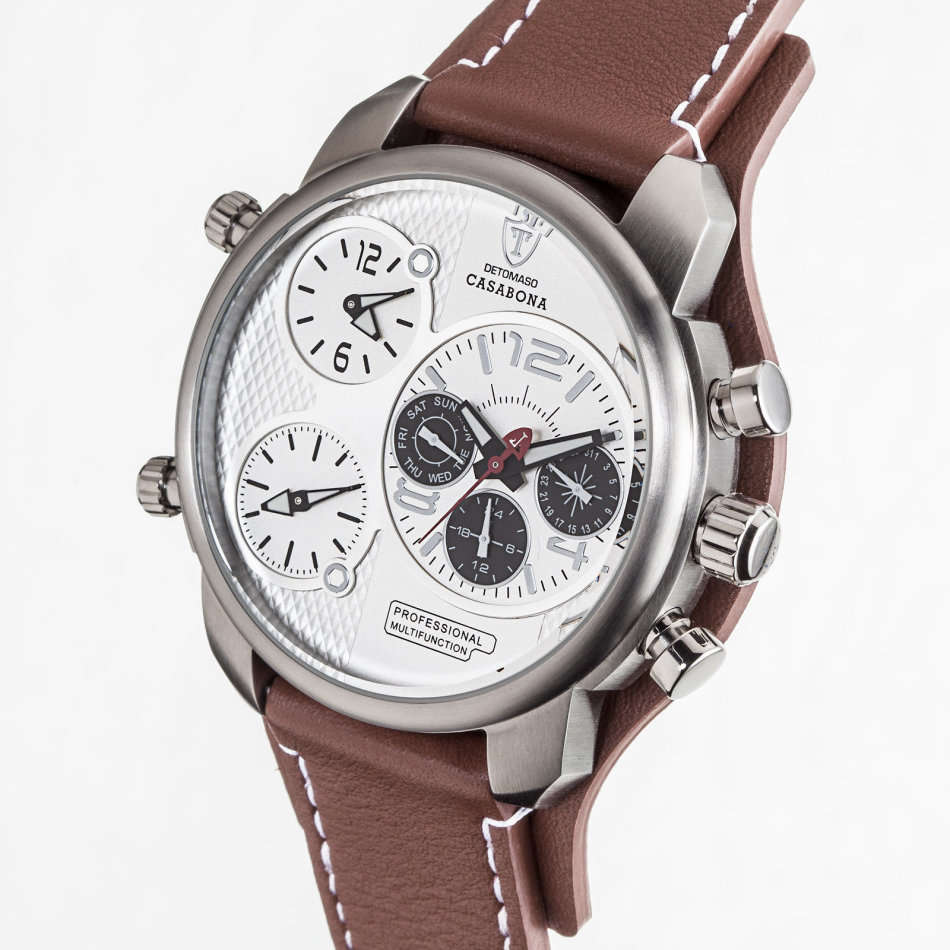 3 Time Zone* DETOMASO Casabona Mens Watch XXL Multifunction Stainless Steel Brown Leather Watch New