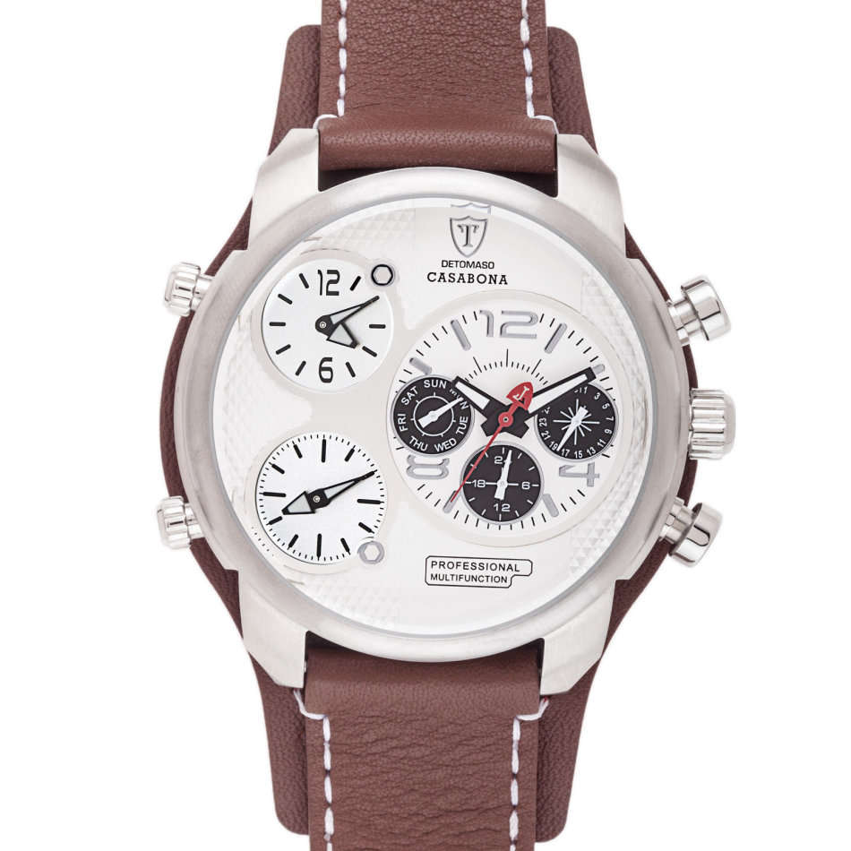 3 Time Zone* DETOMASO Casabona Mens Watch XXL Multifunction Stainless Steel Brown Leather Watch New