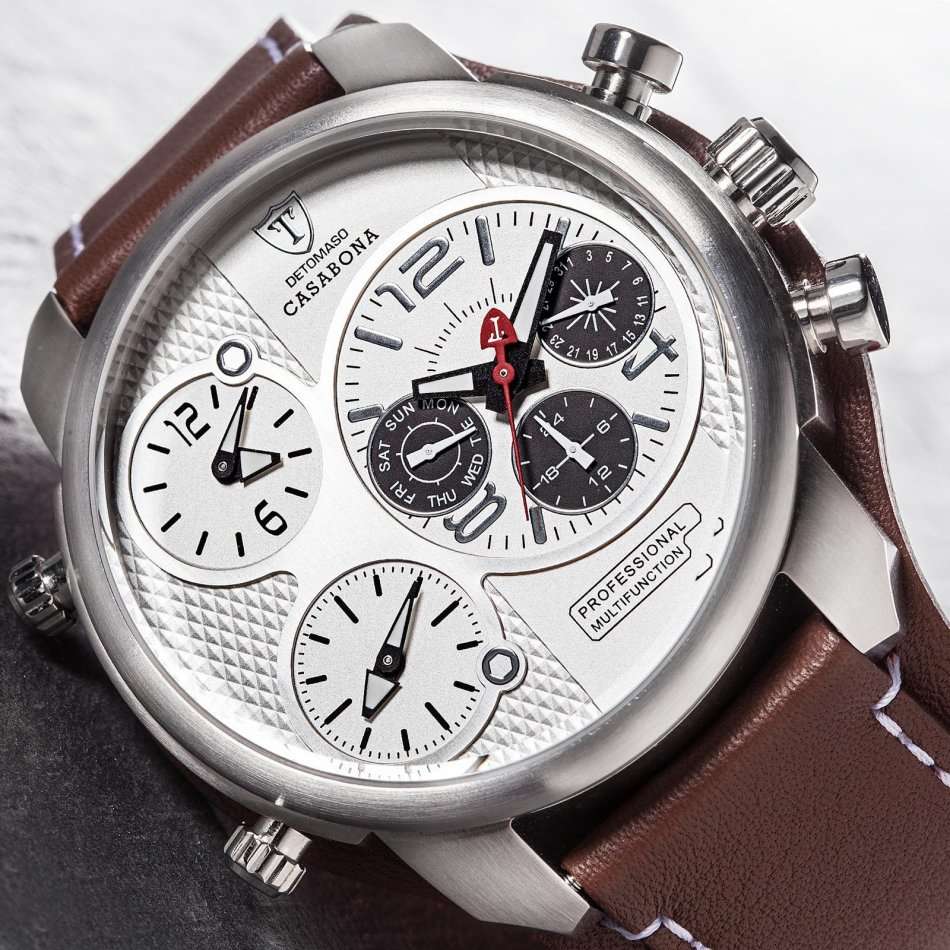 3 Time Zone* DETOMASO Casabona Mens Watch XXL Multifunction Stainless Steel Brown Leather Watch New