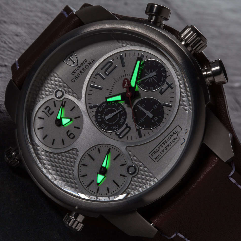 3 Time Zone* DETOMASO Casabona Mens Watch XXL Multifunction Stainless Steel Brown Leather Watch New