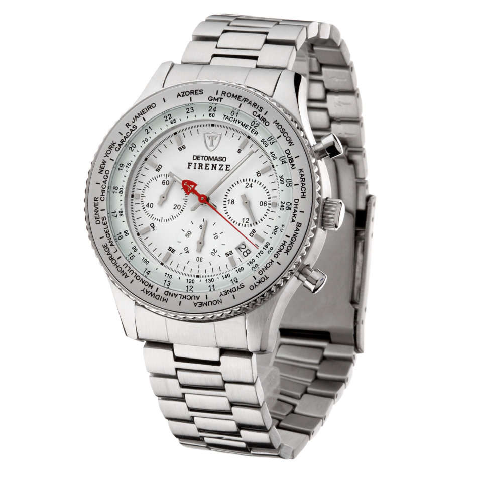 DETOMASO Firenze Mens Wrist Watch Chronograph Stainless Steel White Sport New