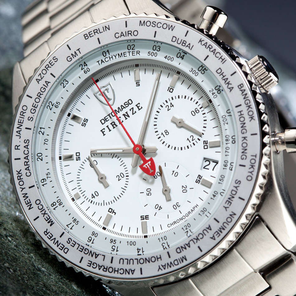 DETOMASO Firenze Mens Wrist Watch Chronograph Stainless Steel White Sport New
