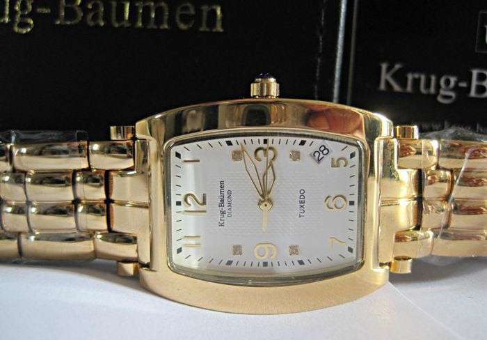RETAIL: R11,220.21 Krug Baümen MEN Tuxedo 4 Natural Diamond White Dial 18Kt Gold Strap Watch