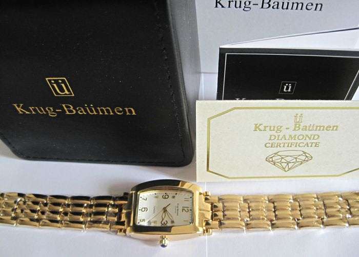 RETAIL - R11,143.70 Krug Baümen Ladies Tuxedo 4 REAL Diamond White Dial 18Kt Gold Watch