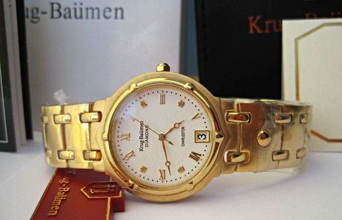 R1 AUCTION** RRP £625 Krug Baumen MEN Charleston 4X REAL Diamonds White Dial 18kT Gold  Strap Watch