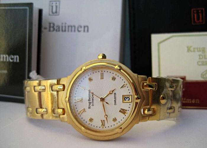 R1 AUCTION** RRP £625 Krug Baumen MEN Charleston 4X REAL Diamonds White Dial 18kT Gold  Strap Watch