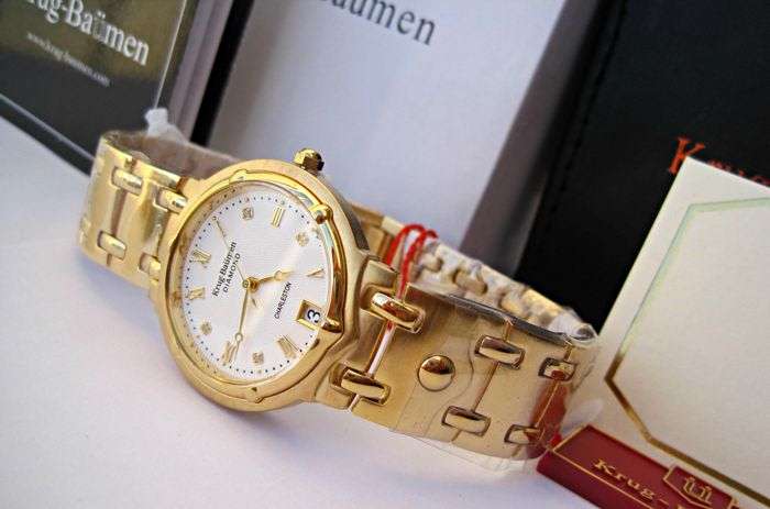 R1 AUCTION** RRP £625 Krug Baumen MEN Charleston 4X REAL Diamonds White Dial 18kT Gold  Strap Watch