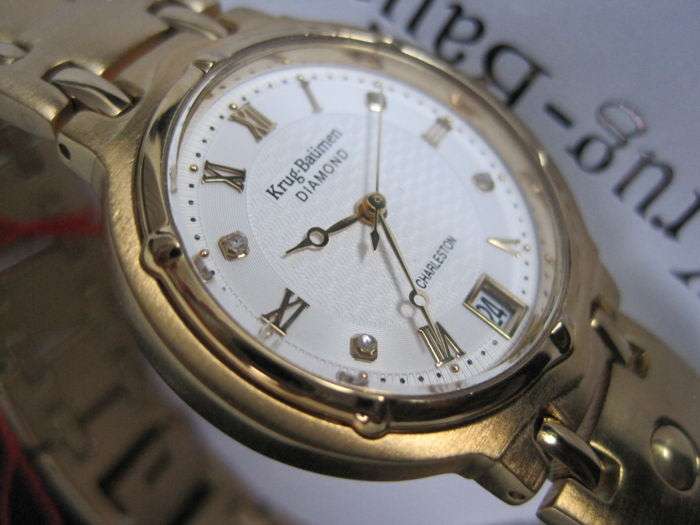 R1 AUCTION** RRP £625 Krug Baumen MEN Charleston 4X REAL Diamonds White Dial 18kT Gold  Strap Watch