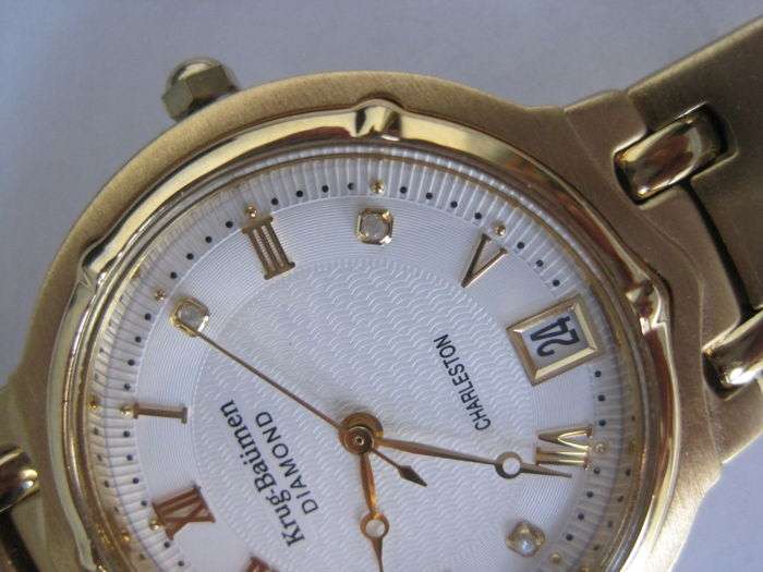 R1 AUCTION** RRP £625 Krug Baumen MEN Charleston 4X REAL Diamonds White Dial 18kT Gold  Strap Watch