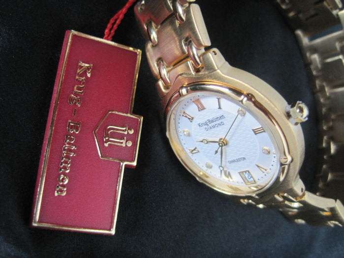 R1 AUCTION** RRP £625 Krug Baumen MEN Charleston 4X REAL Diamonds White Dial 18kT Gold  Strap Watch