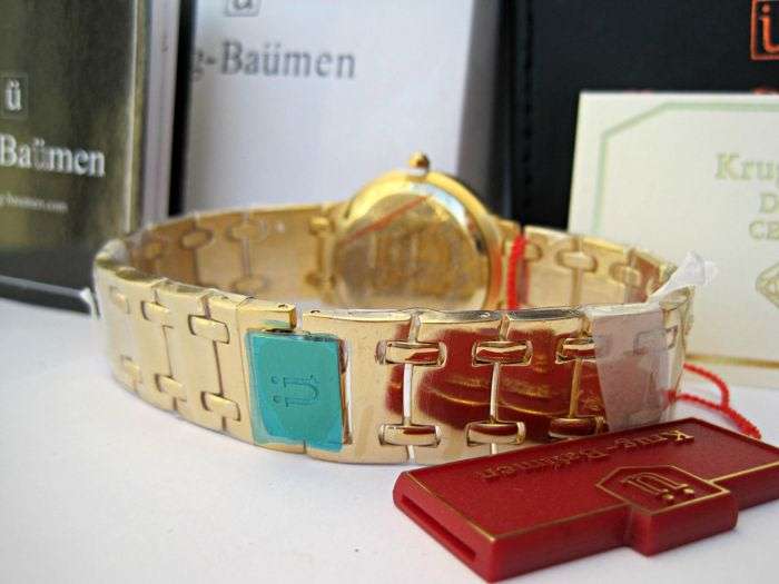 R1 AUCTION** RRP £625 Krug Baumen MEN Charleston 4X REAL Diamonds White Dial 18kT Gold  Strap Watch