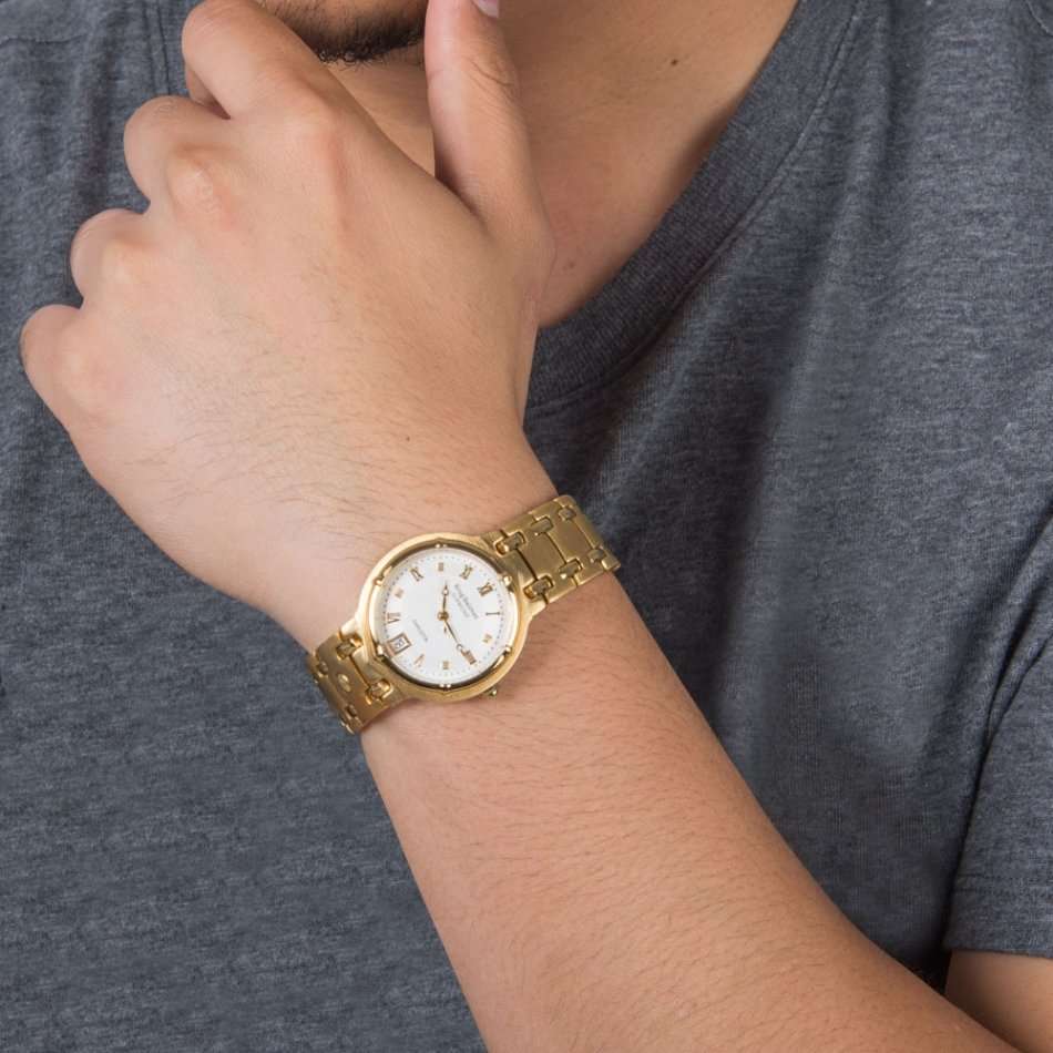 R1 AUCTION** RRP £625 Krug Baumen MEN Charleston 4X REAL Diamonds White Dial 18kT Gold  Strap Watch