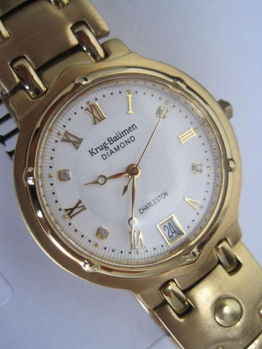 R1 AUCTION** RRP £625 Krug Baumen MEN Charleston 4X REAL Diamonds White Dial 18kT Gold  Strap Watch