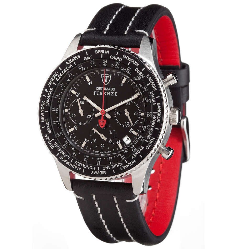 DETOMASO Firenze Mens Wrist Watch Sport Chronograph Stainless Steel Black Leather watch