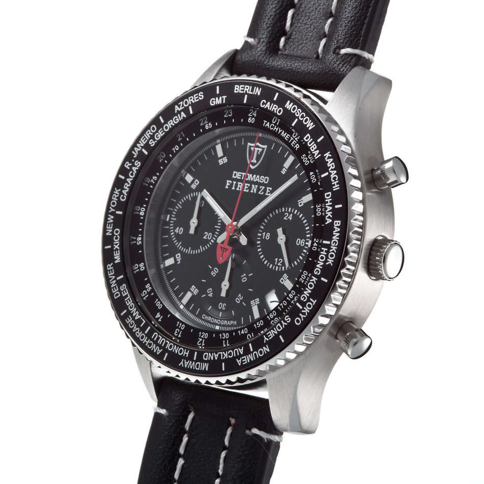 DETOMASO Firenze Mens Wrist Watch Sport Chronograph Stainless Steel Black Leather watch
