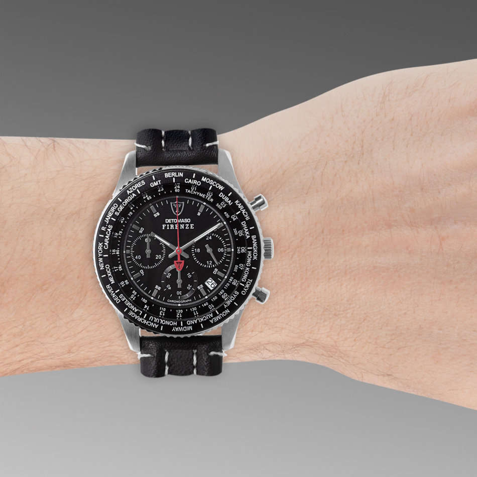 DETOMASO Firenze Mens Wrist Watch Sport Chronograph Stainless Steel Black Leather watch