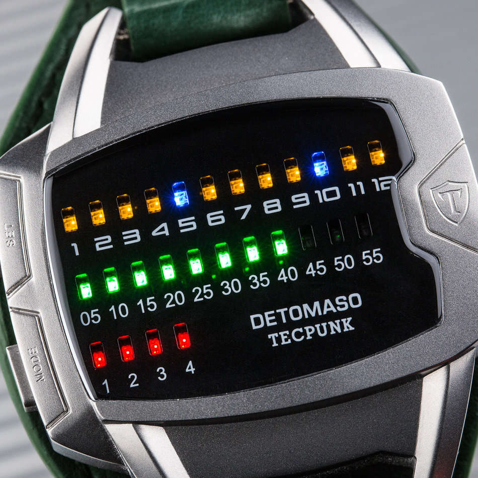 **New** DETOMASO Tecpunk Mens Watch Binary-Look LEDs Stainless Steel Green Leather Watch
