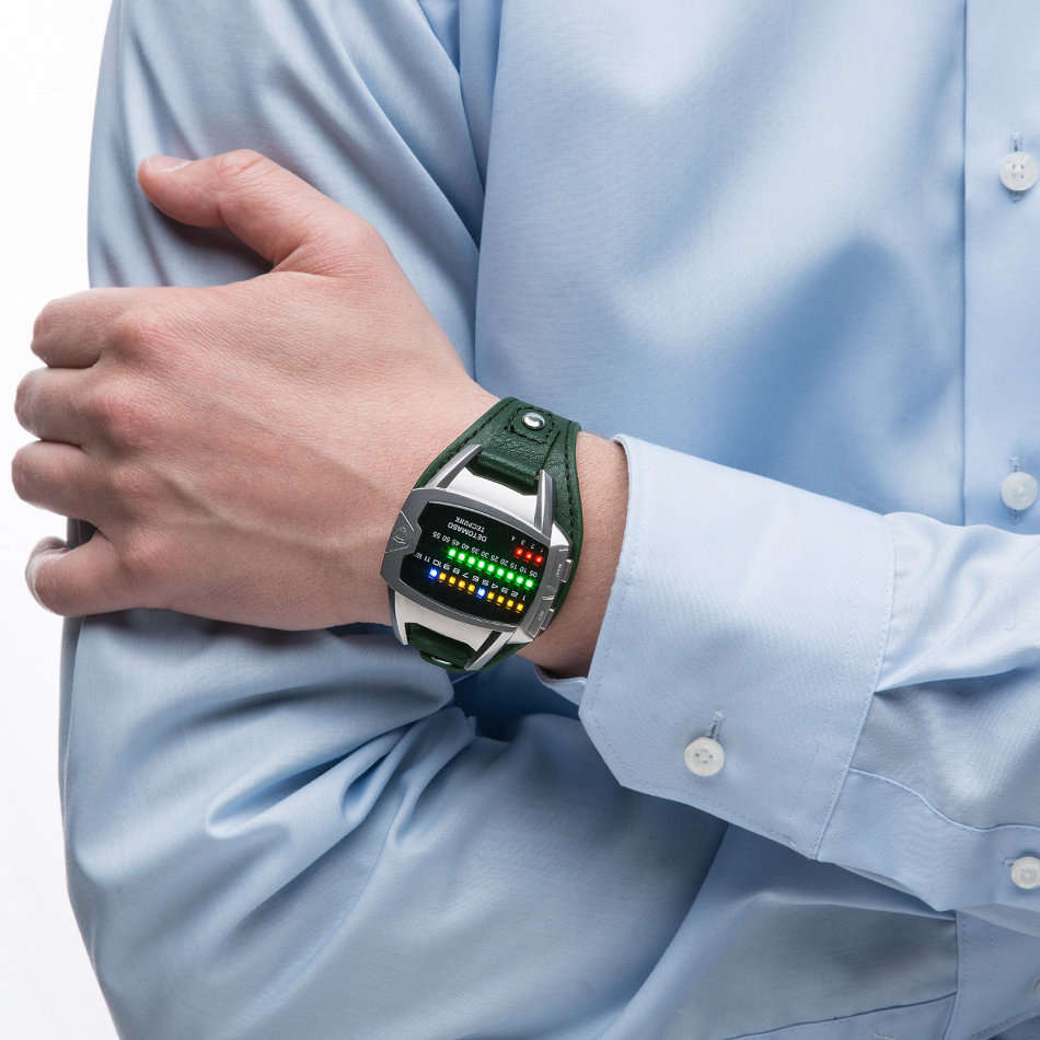 **New** DETOMASO Tecpunk Mens Watch Binary-Look LEDs Stainless Steel Green Leather Watch