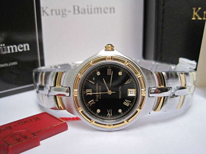 R1 Auction: Retail-£605/ R10,000 Krug Baumen MEN Regatta 4X Real Diamonds Black Dial Two Tone Watch
