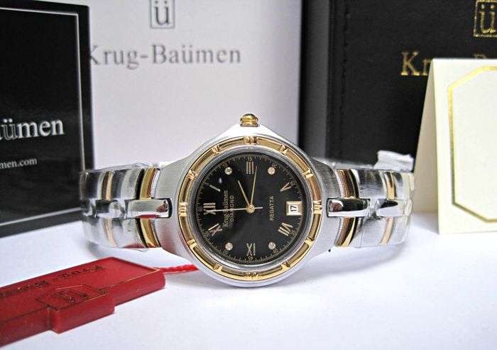 R1 Auction: Retail-£605/ R10,000 Krug Baumen MEN Regatta 4X Real Diamonds Black Dial Two Tone Watch