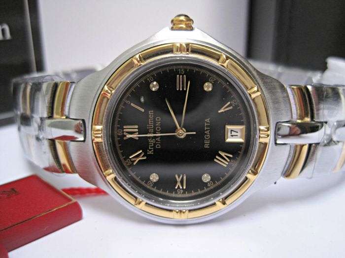 R1 Auction: Retail-£605/ R10,000 Krug Baumen MEN Regatta 4X Real Diamonds Black Dial Two Tone Watch