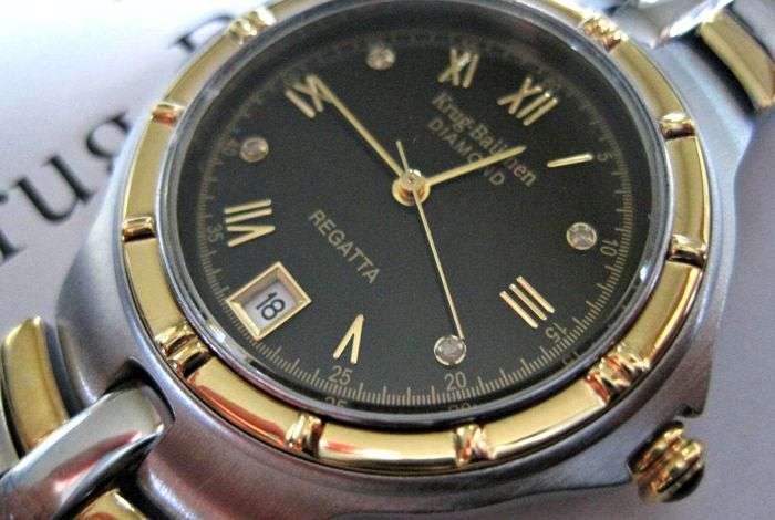 R1 Auction: Retail-£605/ R10,000 Krug Baumen MEN Regatta 4X Real Diamonds Black Dial Two Tone Watch