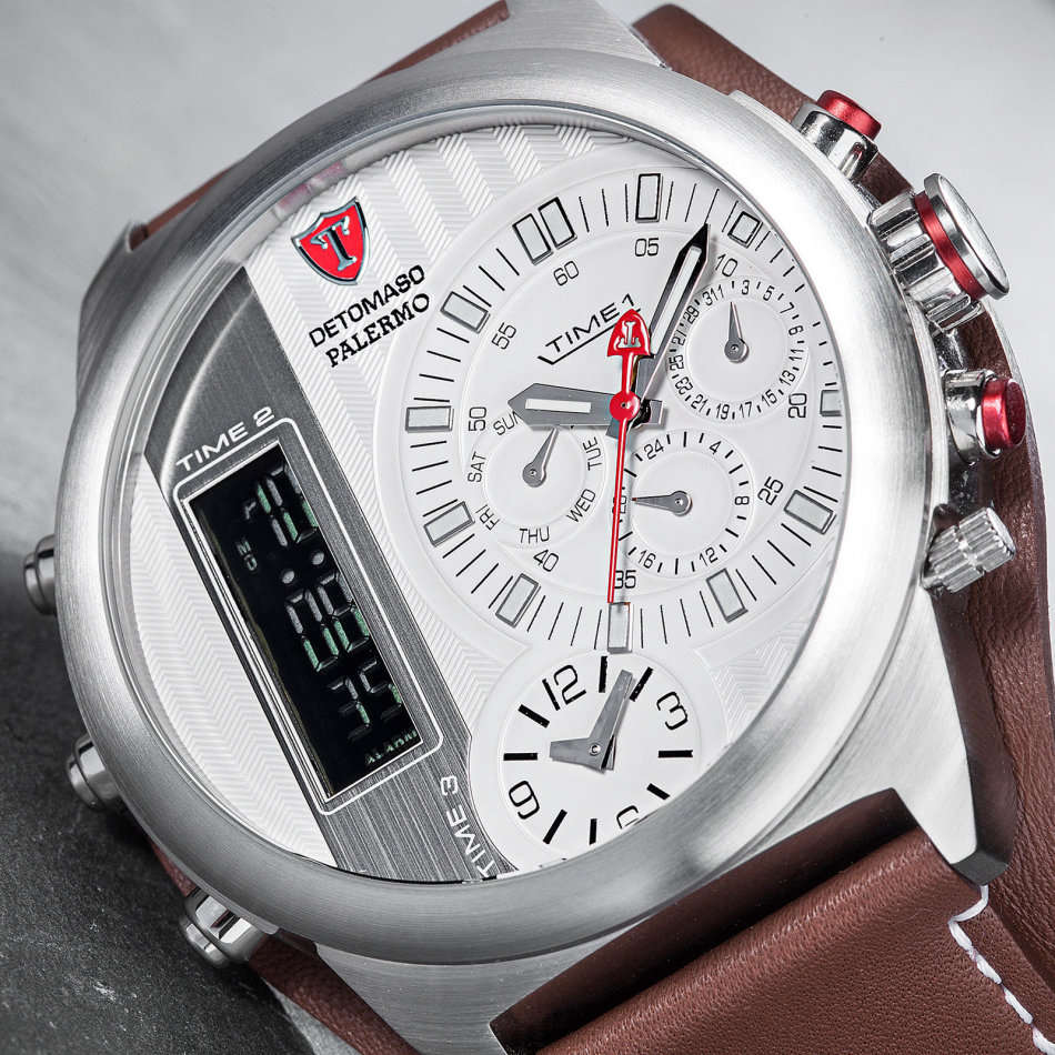 3 Time Zone* DETOMASO Palermo Mens Wrist Watch XXL Chronograph Alarm 3 Time Zones Brown Watch NeW