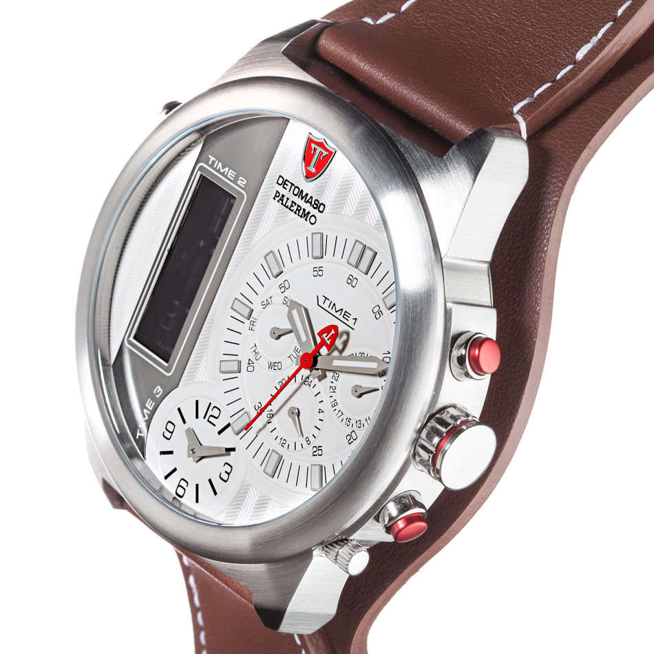 3 Time Zone* DETOMASO Palermo Mens Wrist Watch XXL Chronograph Alarm 3 Time Zones Brown Watch NeW