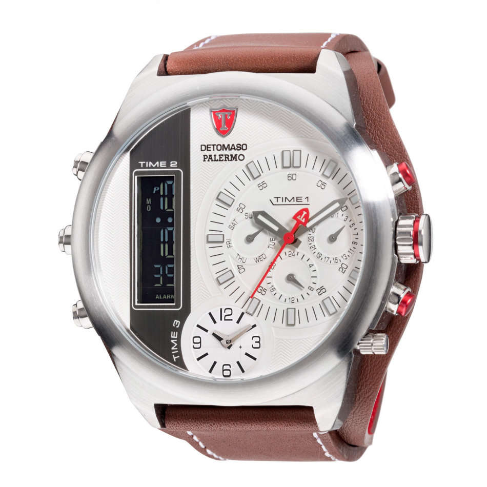 3 Time Zone* DETOMASO Palermo Mens Wrist Watch XXL Chronograph Alarm 3 Time Zones Brown Watch NeW