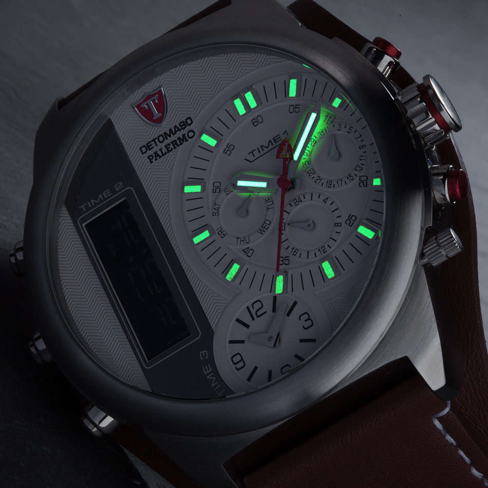 3 Time Zone* DETOMASO Palermo Mens Wrist Watch XXL Chronograph Alarm 3 Time Zones Brown Watch NeW