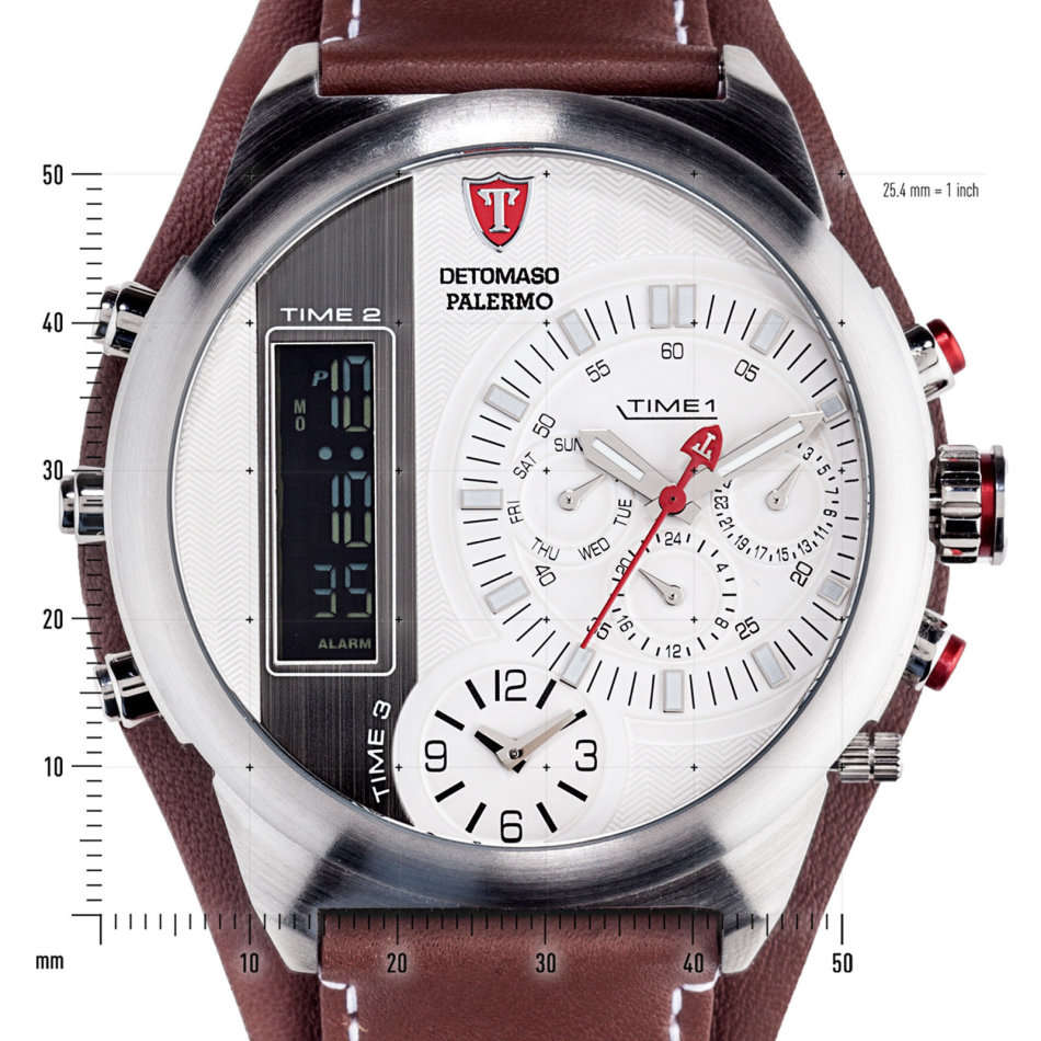 3 Time Zone* DETOMASO Palermo Mens Wrist Watch XXL Chronograph Alarm 3 Time Zones Brown Watch NeW