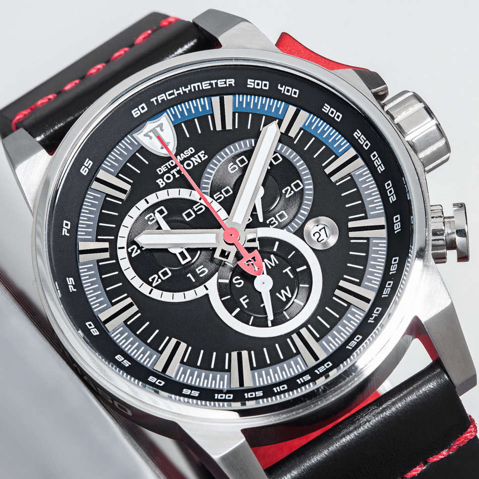 **NEW**DETOMASO BOTTONE Mens Watch Chronograph Stainless Steel Black Leather Strap  watch