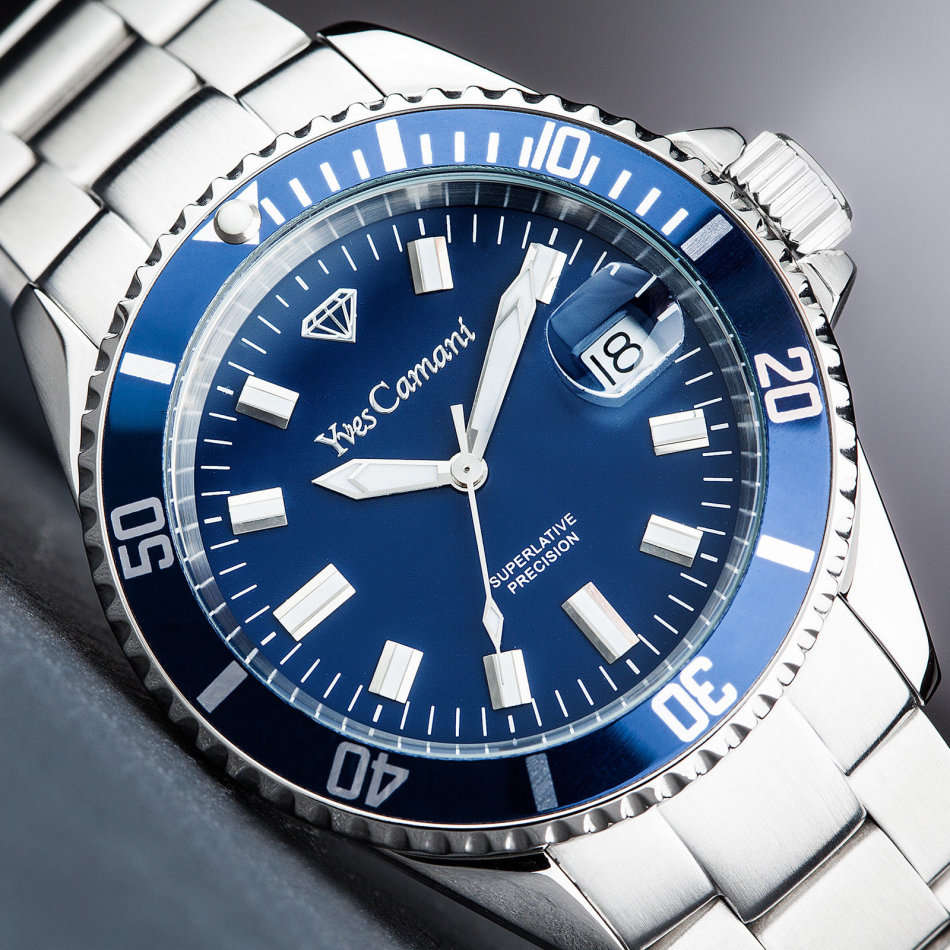 Yves Camani Anwen Mens Wrist Watch Stainless Steel Blue Dial Date 5 ATM Watch