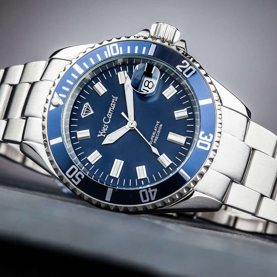 Yves Camani Anwen Mens Wrist Watch Stainless Steel Blue Dial Date 5 ATM Watch